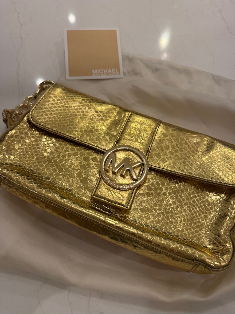 Michael Kors Gold Metallic Snakeskin-Texture Wristlet Clutch with MK Logo